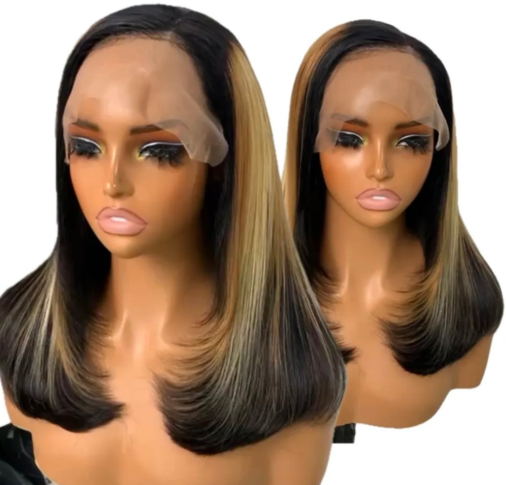  Black and honey blonde highlight straight lace front wig shown from front and side view on mannequin head — Fridalicious