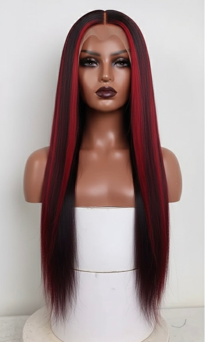 Red and black lace front wig, long straight Brazilian two-tone ombre wig, face-framing red highlights.