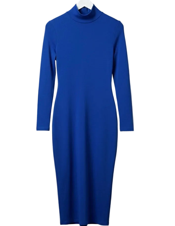 Cobalt Blue Mock Neck Midi Dress - Long Sleeve Thermal Knit