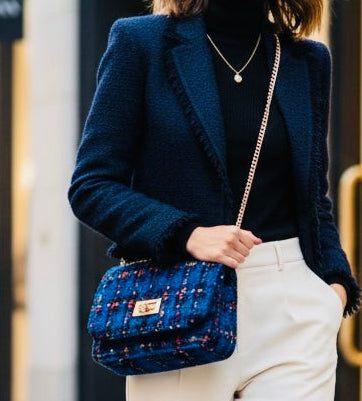 Cobalt Blue Tweed Flap Bag with Gold Chain - Multi-Color Plaid Bouclé
