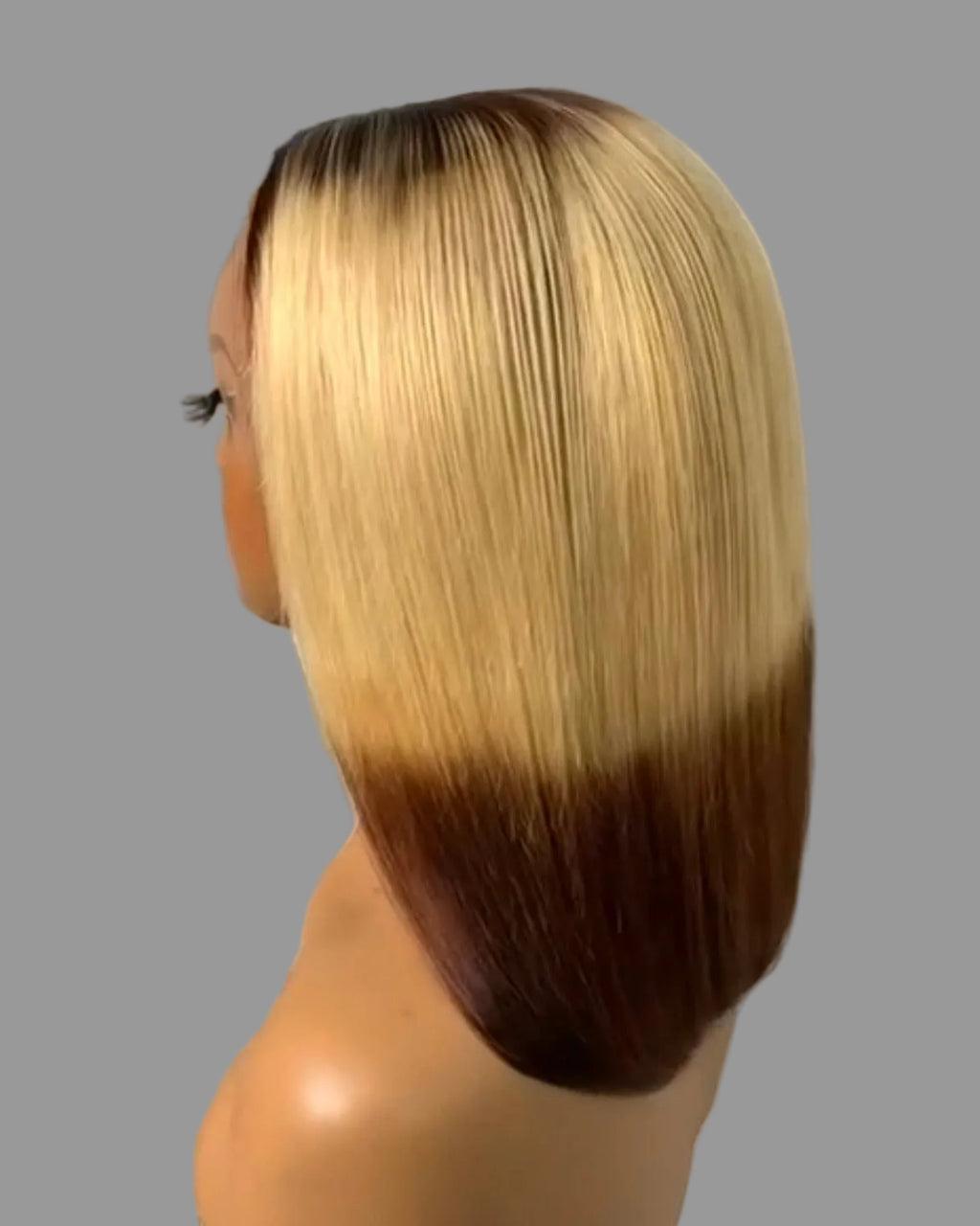 Blonde & Chocolate Brown Reverse Ombre Straight Bob Wig Blunt Cut Two-Tone Hair