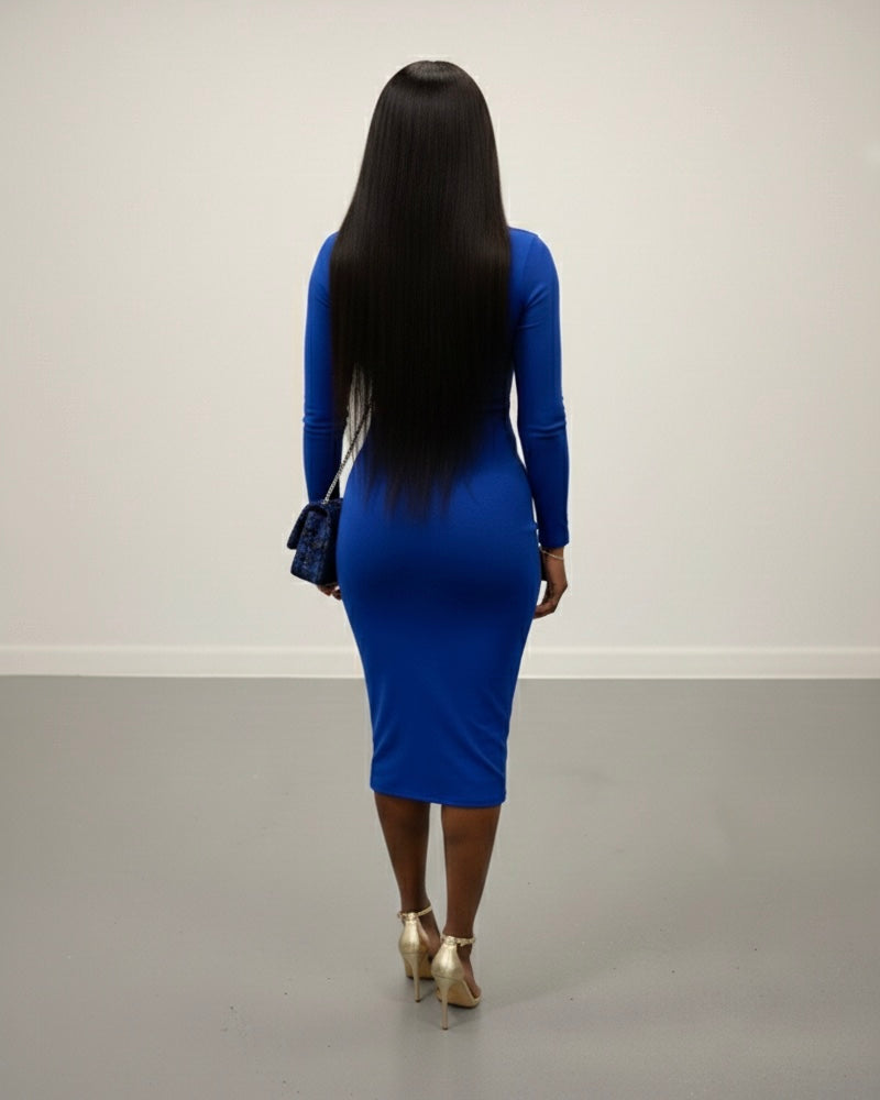 Cobalt Blue Mock Neck Midi Dress - Long Sleeve Thermal Knit