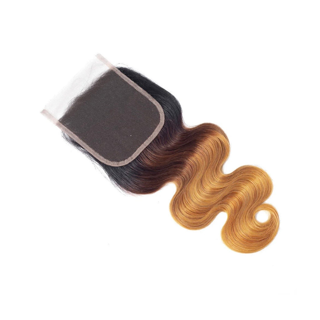 Honey Blonde Ombre Lace Closure | 4x4 Body Wave 100% Virgin Human Hair – 4x4 Swiss Lace – Dark Root T1B/27