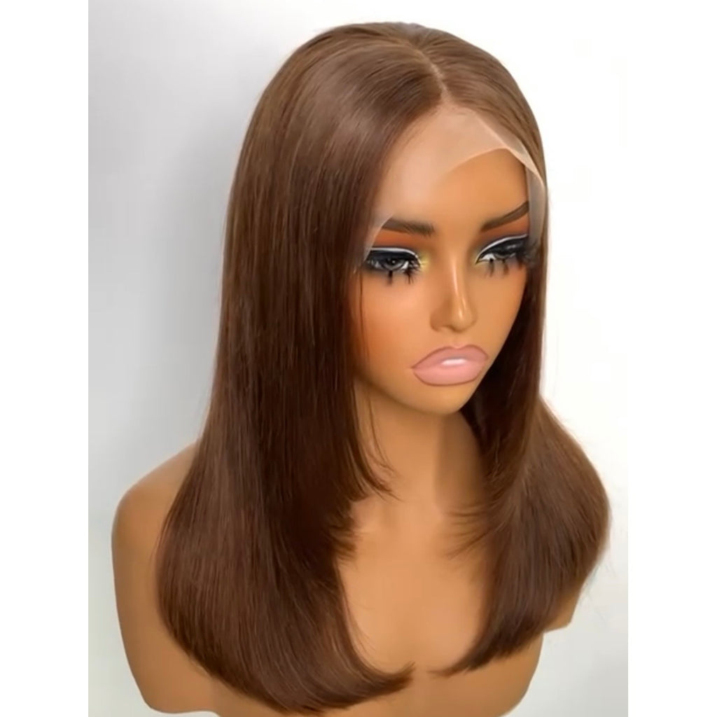 Chocolate Brown Mid-Length Lace Front Wig with Face-Framing Layers