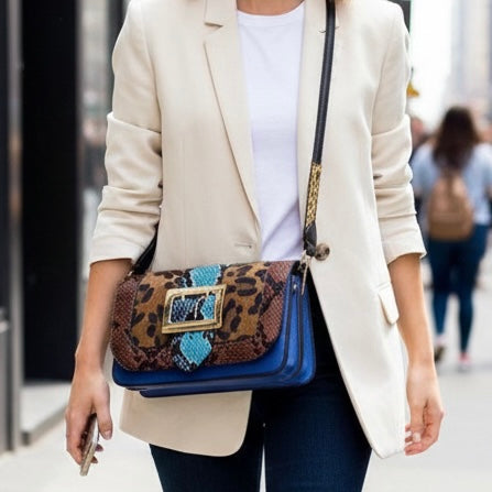 Mixed Animal Print Crossbody Bag – Blue Snakeskin & Leopard with Gold Buckle