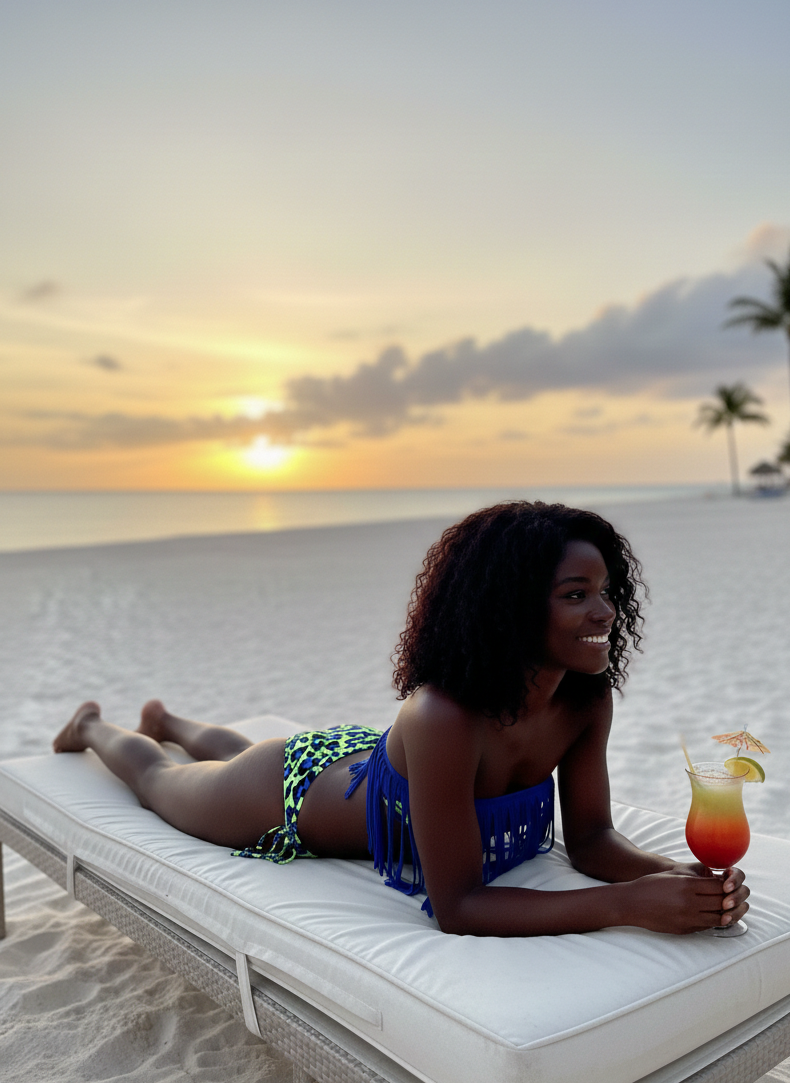Woman smiling on a white sand beach at sunset wearing a neon leopard print bikini with blue fringe and holding a tropical cocktail.