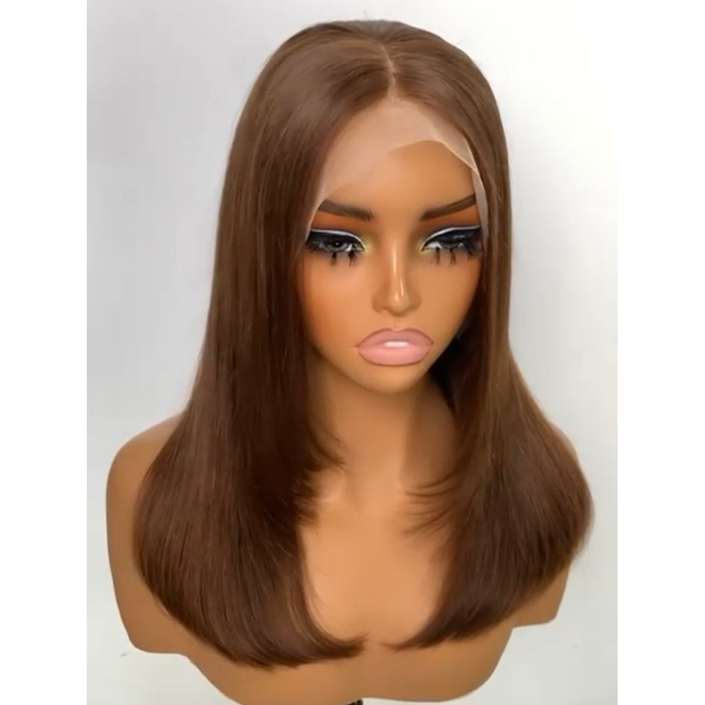 Chocolate Brown Mid-Length Lace Front Wig with Face-Framing Layers