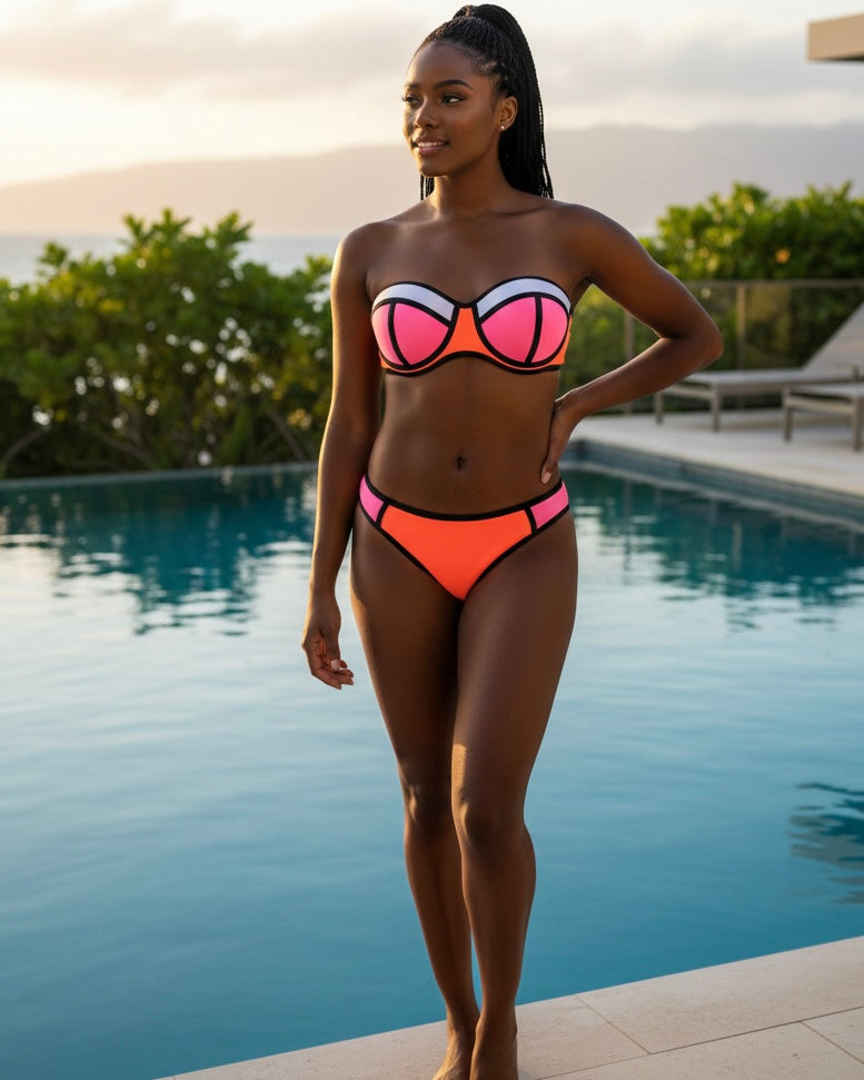 Woman wearing a color-block neon bikini standing by a luxury infinity pool at sunset.
