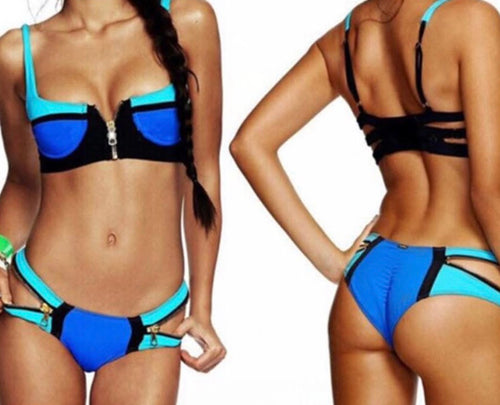 Blue Color-Block Strappy Bikini | Two-Piece Zip Front Swimsuit