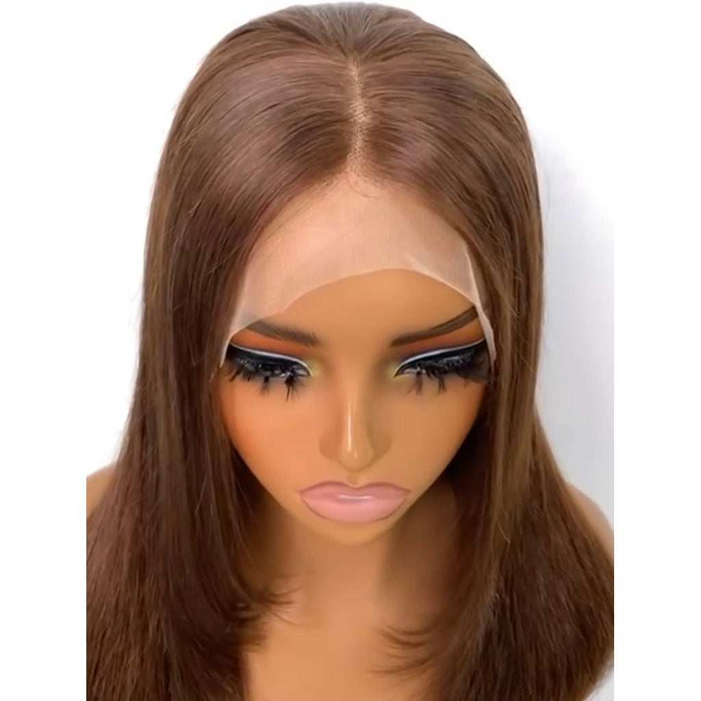Chocolate Brown Mid-Length Lace Front Wig with Face-Framing Layers