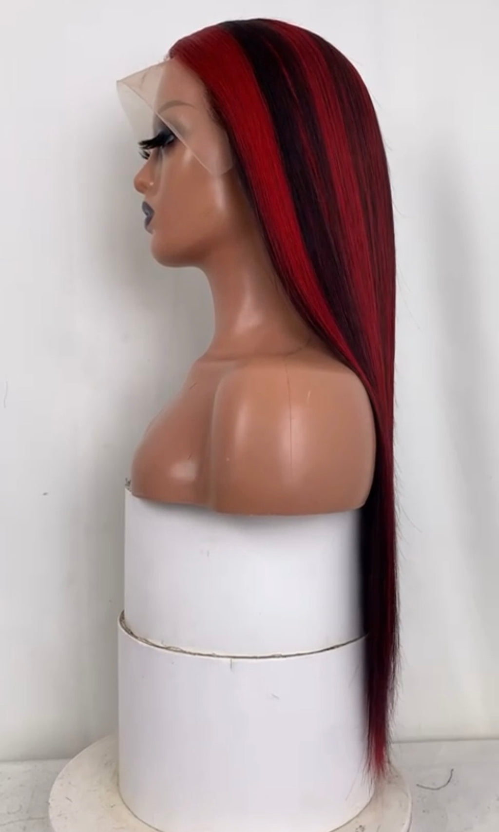 Red and black lace front wig, long straight Brazilian two-tone ombre wig, face-framing red highlights.