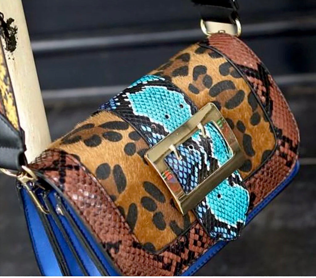 Mixed Animal Print Crossbody Bag – Blue Snakeskin & Leopard with Gold Buckle