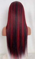 Red and black lace front wig, long straight Brazilian two-tone ombre wig, face-framing red highlights.