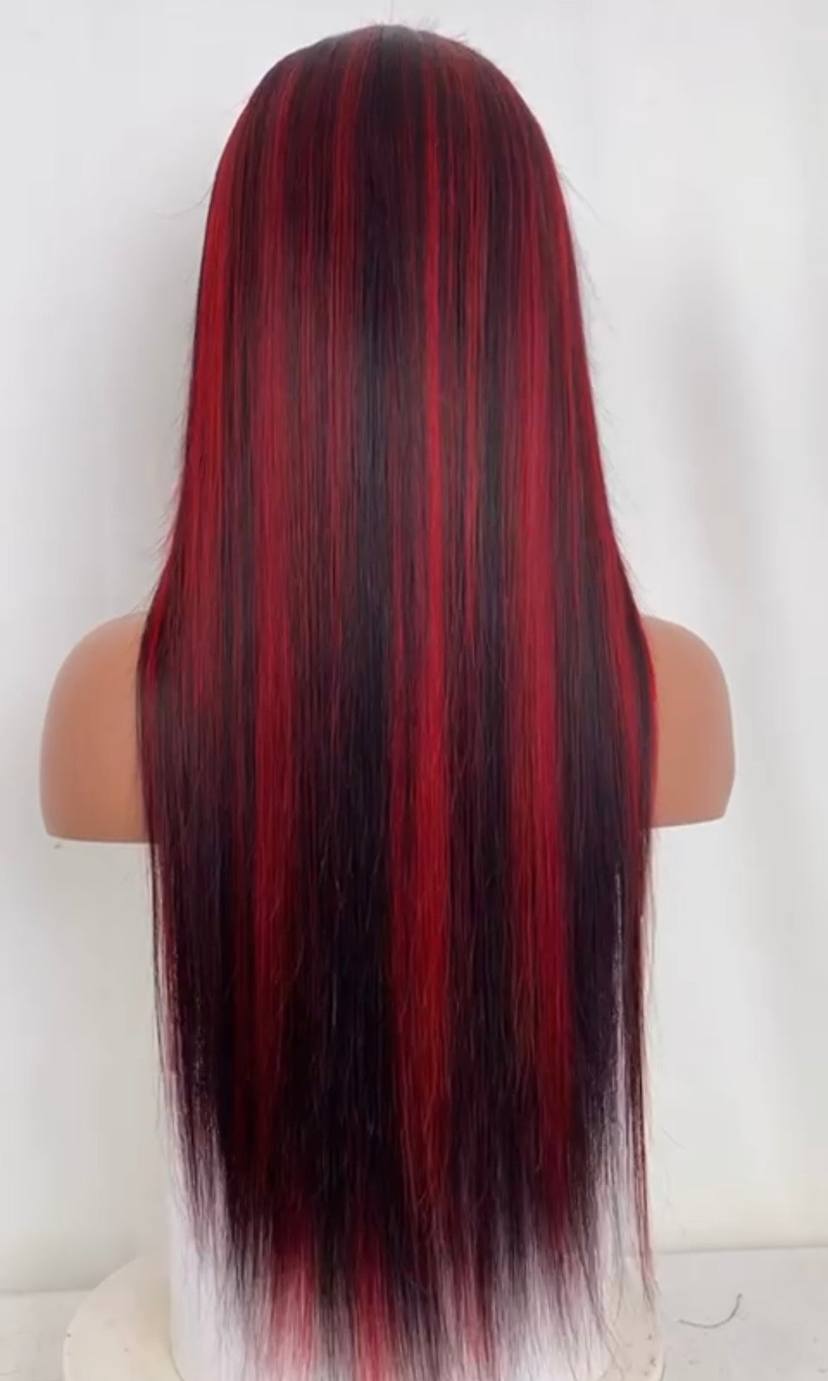 Red and black lace front wig, long straight Brazilian two-tone ombre wig, face-framing red highlights.