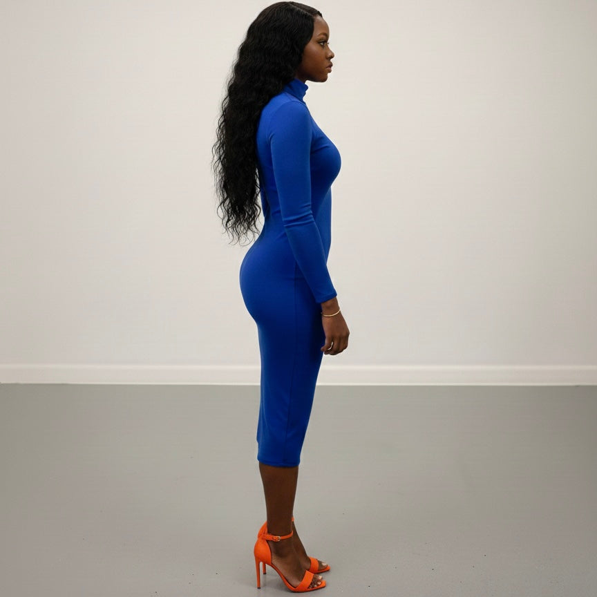 Cobalt Blue Mock Neck Midi Dress - Long Sleeve Thermal Knit