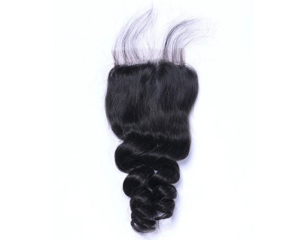 Back view of loose wave 4x4 lace closure showing transparent lace base and natural hairline, 100% virgin human hair in natural black 1B by Fridalicious