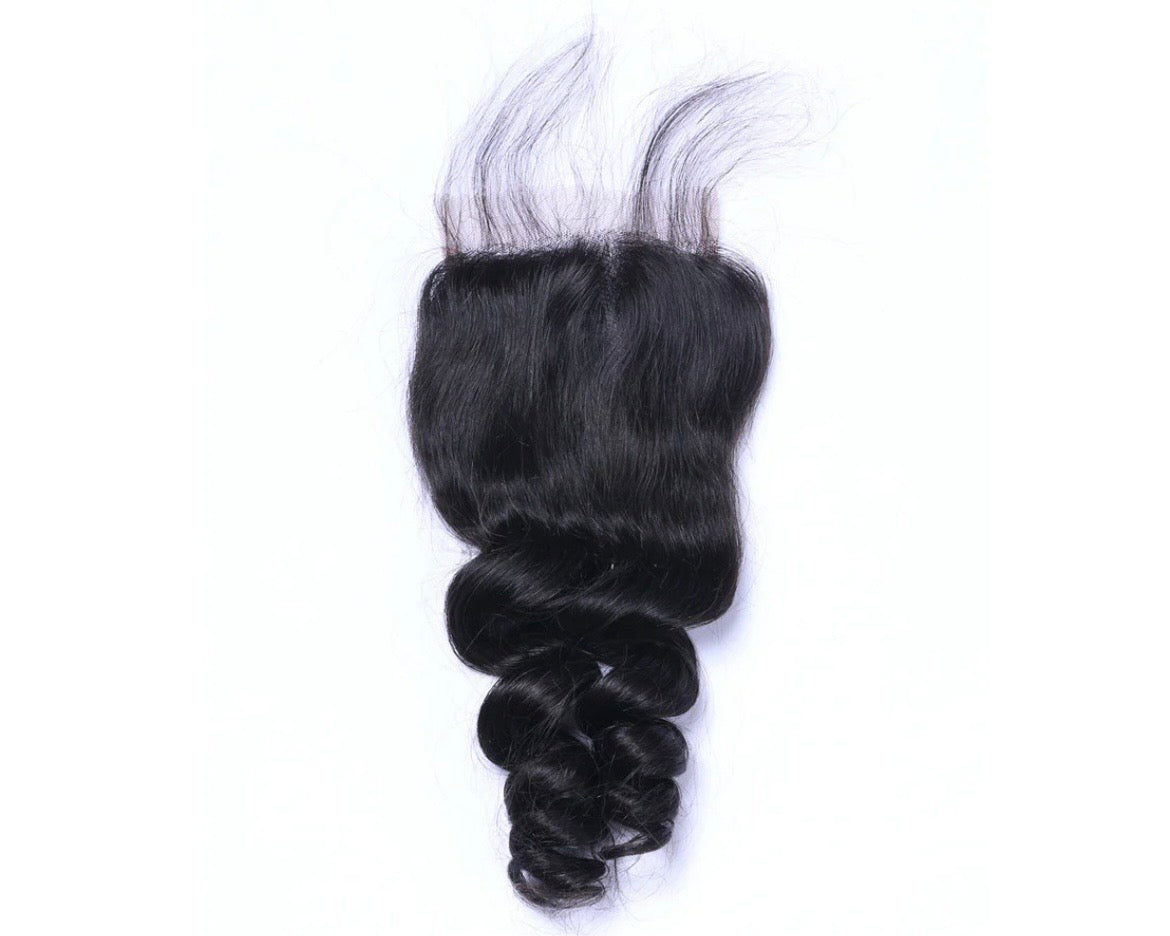 Back view of loose wave 4x4 lace closure showing transparent lace base and natural hairline, 100% virgin human hair in natural black 1B by Fridalicious