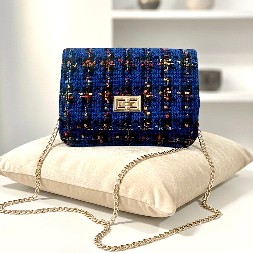 Cobalt Blue Tweed Flap Bag with Gold Chain - Multi-Color Plaid Bouclé