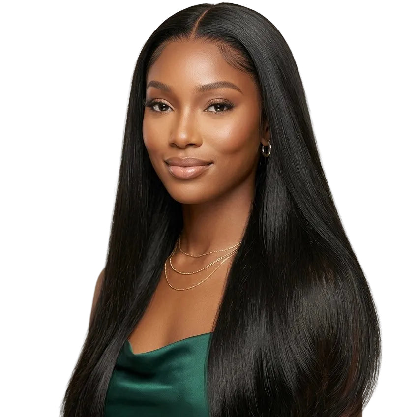 Woman with long straight black hair wearing a green top against a neutral background