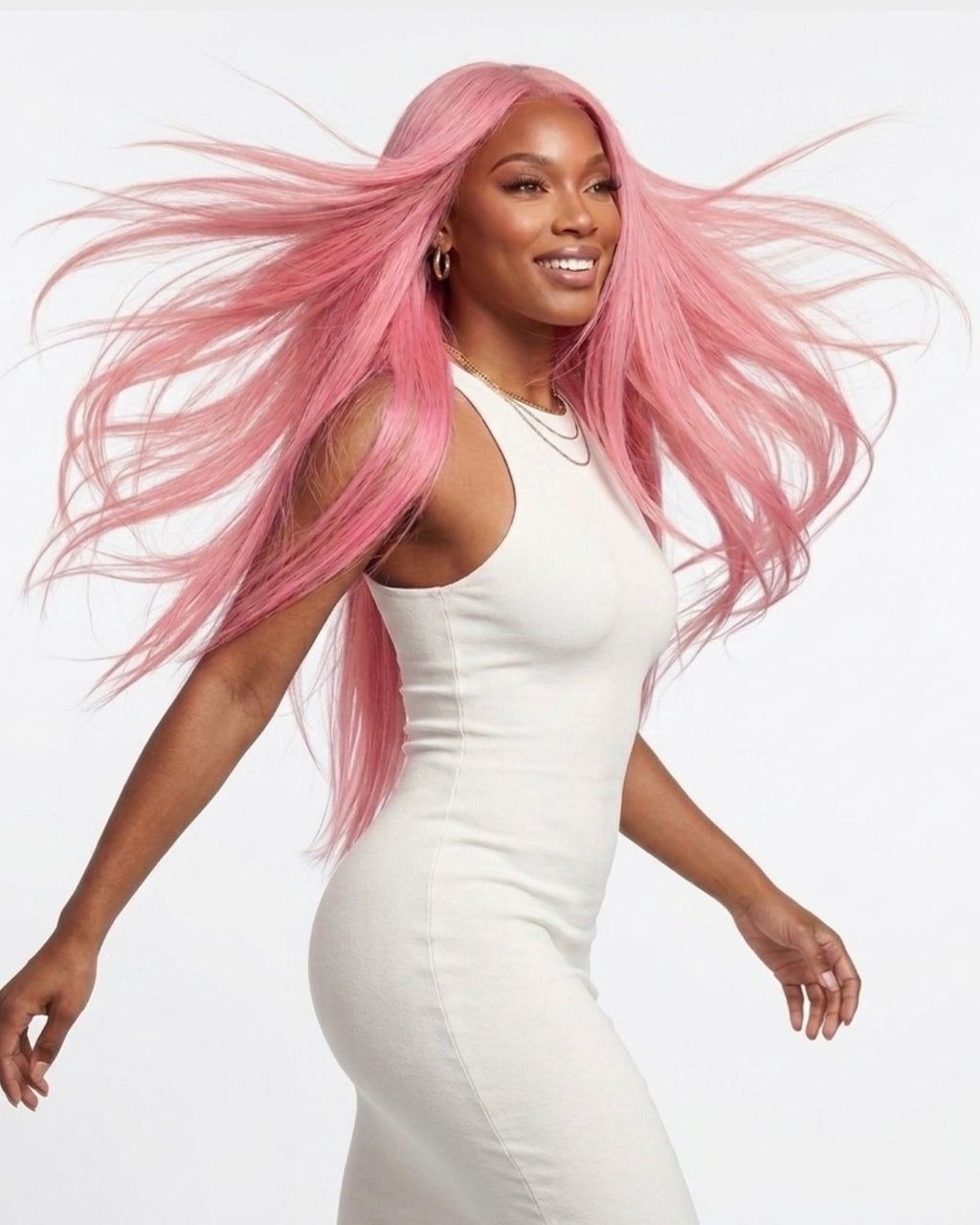 Woman wearing long flowing pink straight hair bundles by Fridalicious