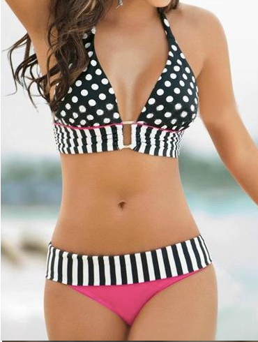 Retro Mix-and-Match Bikini Set | Polka Dot Halter Top & Fuchsia Striped Bottoms