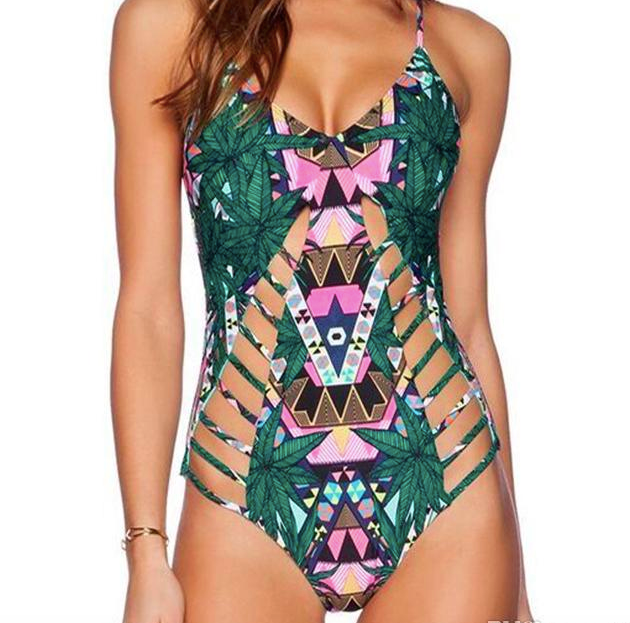 The Neon Palms Strappy Monokini: Tropical Geo Print Swimsuit