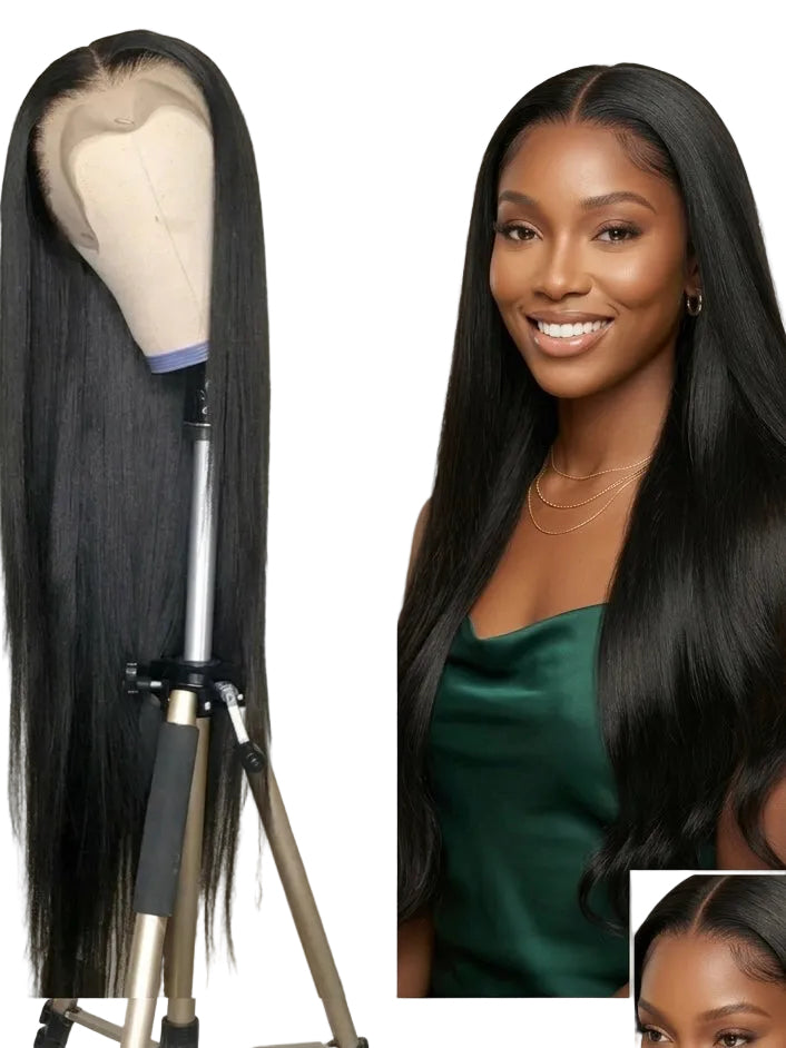 Black lace front wig on a mannequin head with a woman wearing the wig on the right.