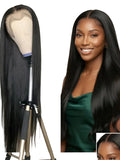 Black lace front wig on a mannequin head with a woman wearing the wig on the right.