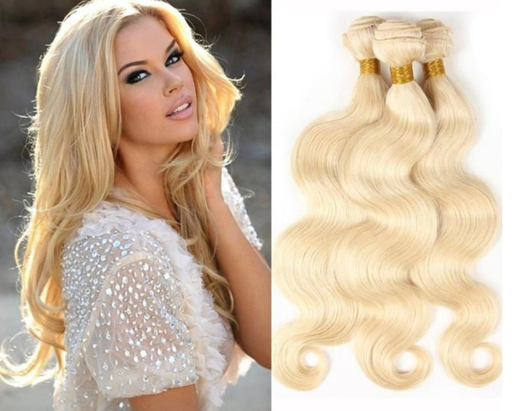 Woman with blonde hair next to a bundle of blonde hair extensions on a white background