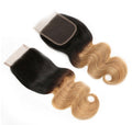 Two hair extensions with black and blonde color gradient on a white background