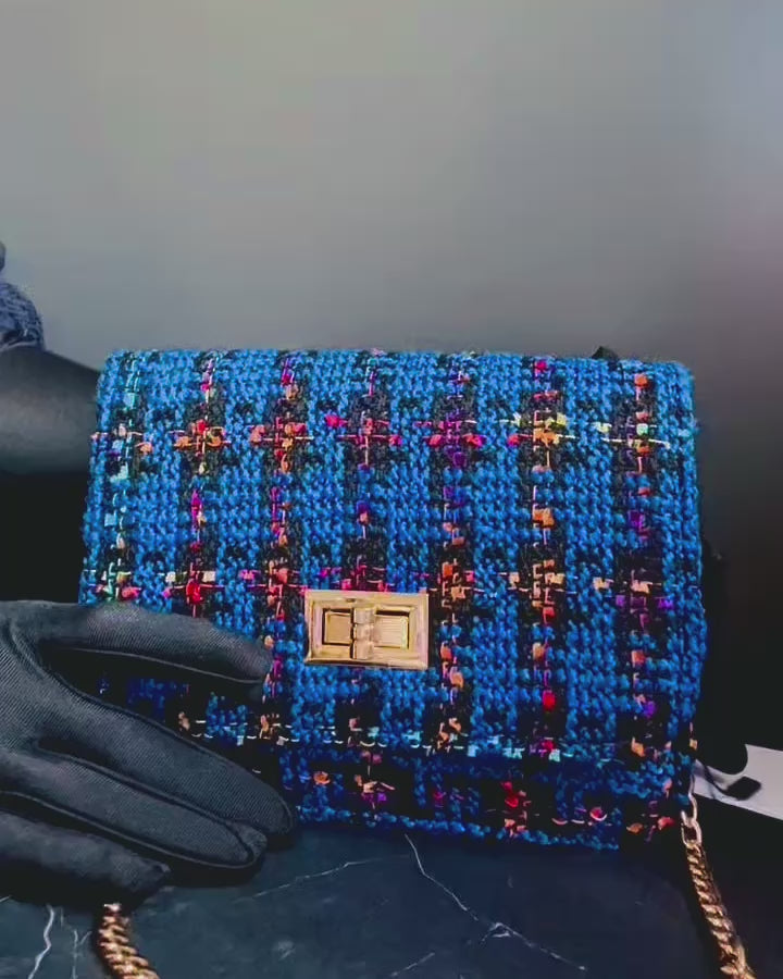Cobalt Blue Tweed Flap Bag with Gold Chain - Multi-Color Plaid Bouclé