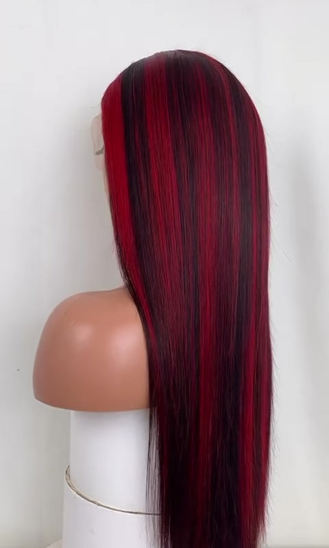 Red and black lace front wig, long straight Brazilian two-tone ombre wig, face-framing red highlights.