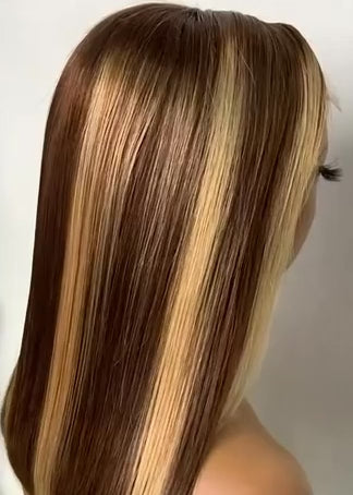Honey Blonde & Chocolate Brown Skunk Stripe Lace Front Wig – Silk Straight 13x4 Highlight Bob