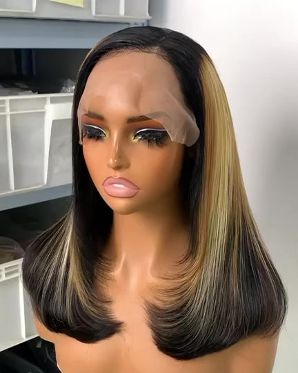 Highlighted Straight Lace Front Wig | Black & Honey Blonde Highlights | Human Hair Blend | 14–18 Inch