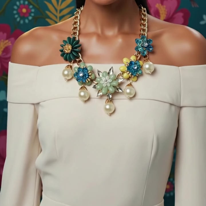 Vintage-Inspired Floral Statement Necklace – Chunky Gold Chain with Crystal Flowers & Pearl Drops