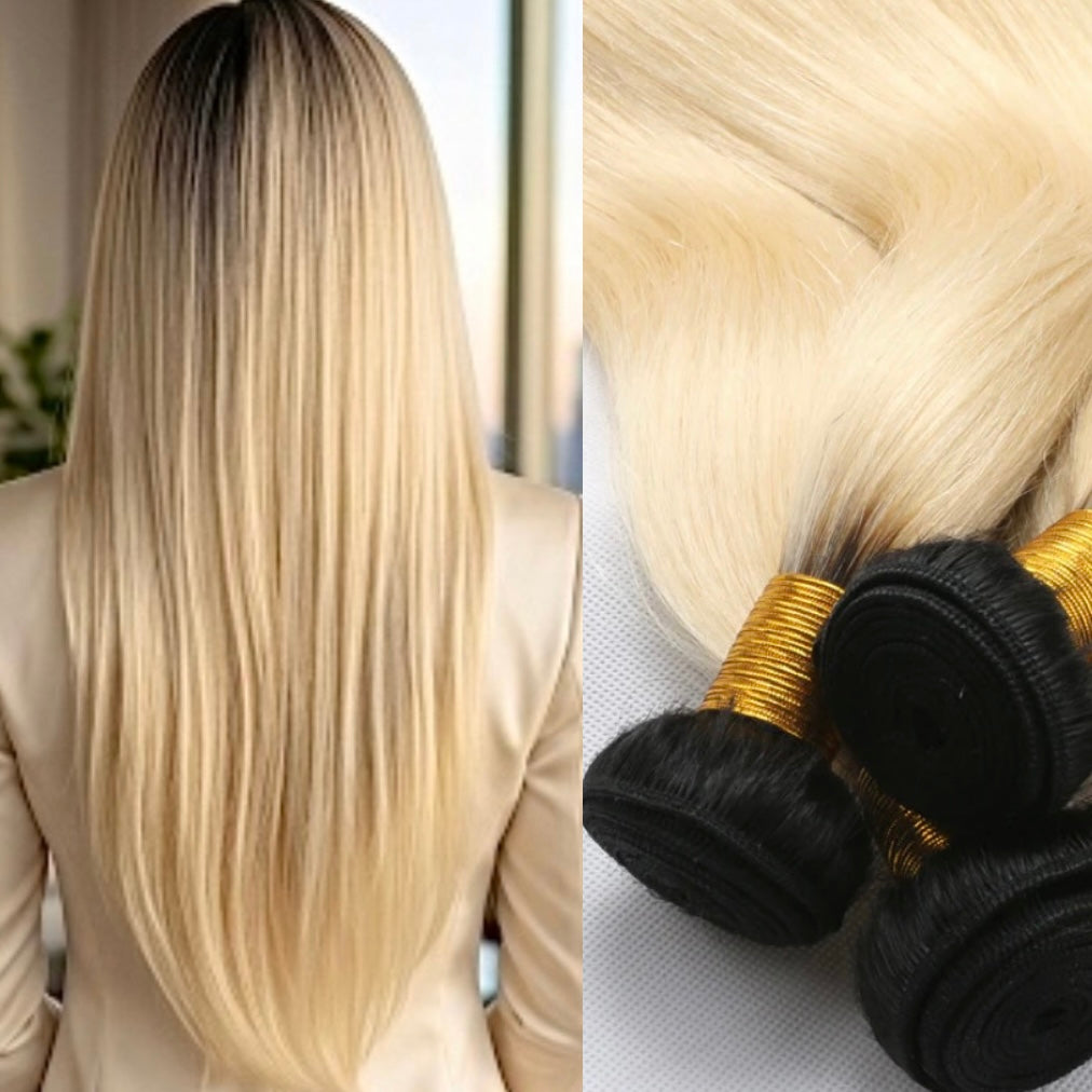 Four bundles of 1B 613 platinum blonde ombre straight virgin human hair extensions